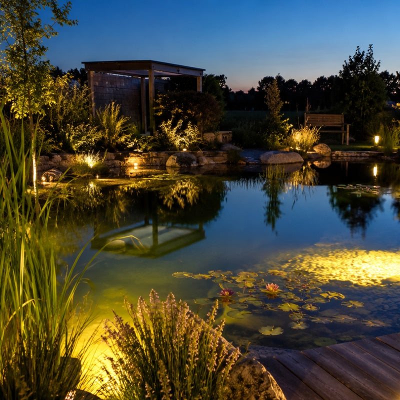 Beleuchteter Gartenteich mit Seerosen, Holzdeck und stimmungsvoller Abendbeleuchtung im gepflegten Garten