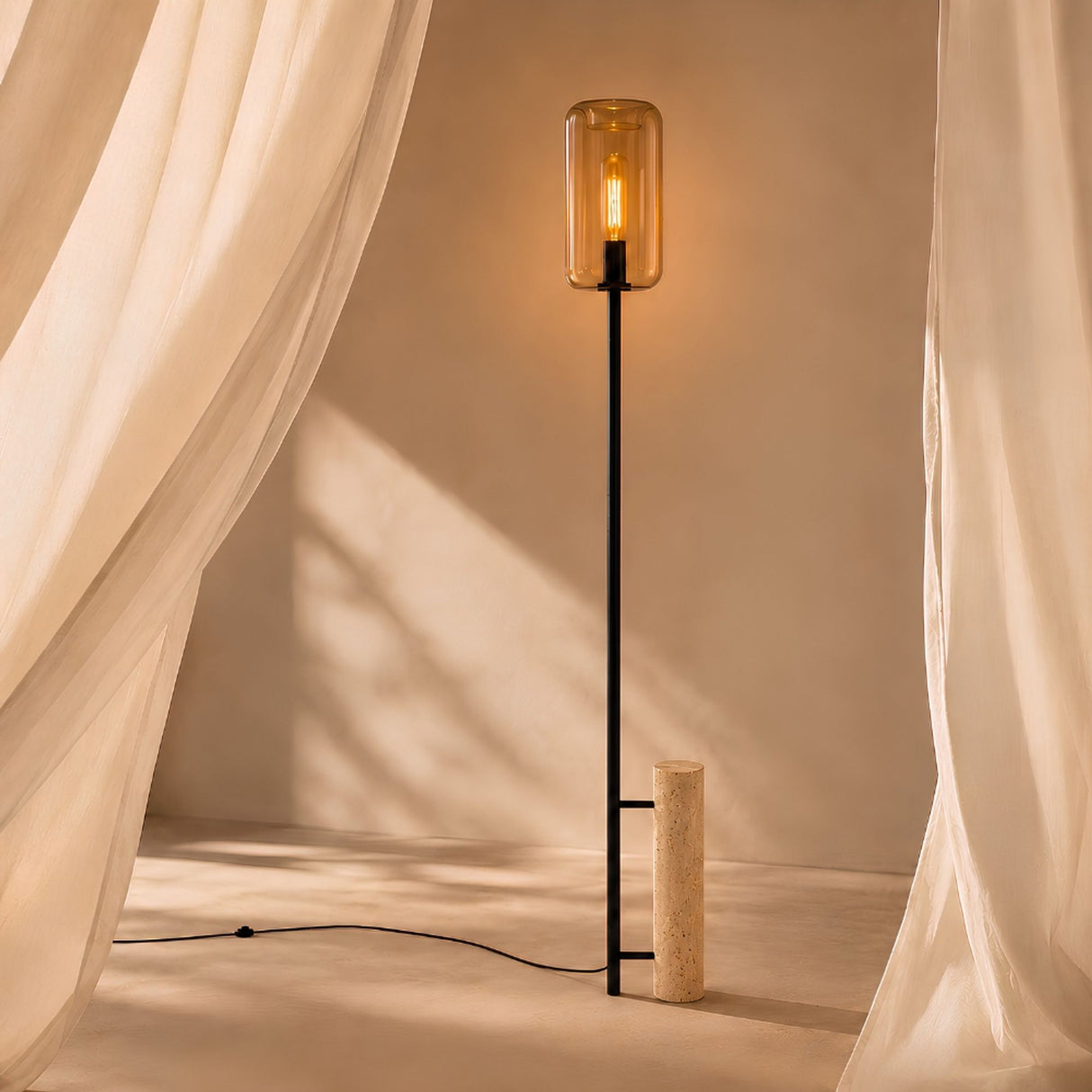 s.luce Cruet Stehlampe Travertin-Stein 180cm Schwarz