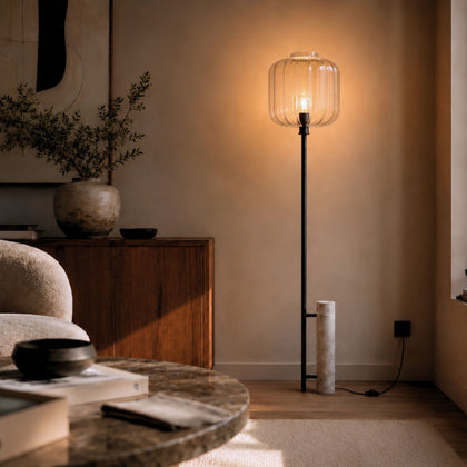 s.luce Velo Stehleuchte Travertin-Stein 180cm Schwarz, klar, Ø 25cm, moderne Stehlampe mit Glasstruktur