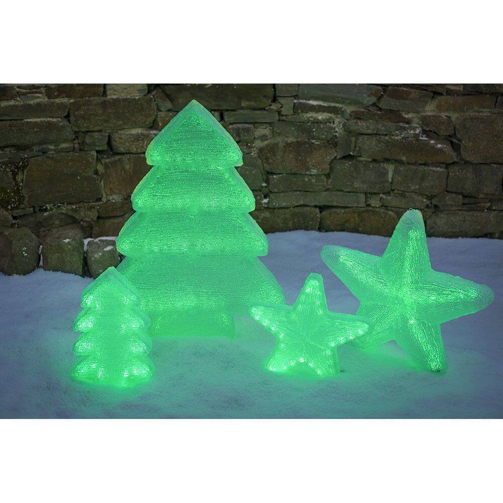 LED Acryl Tannenbaum mit 6 Farbwechselfunktionen 42 RGB Dioden 12V IP44 in grünem Licht auf Schnee