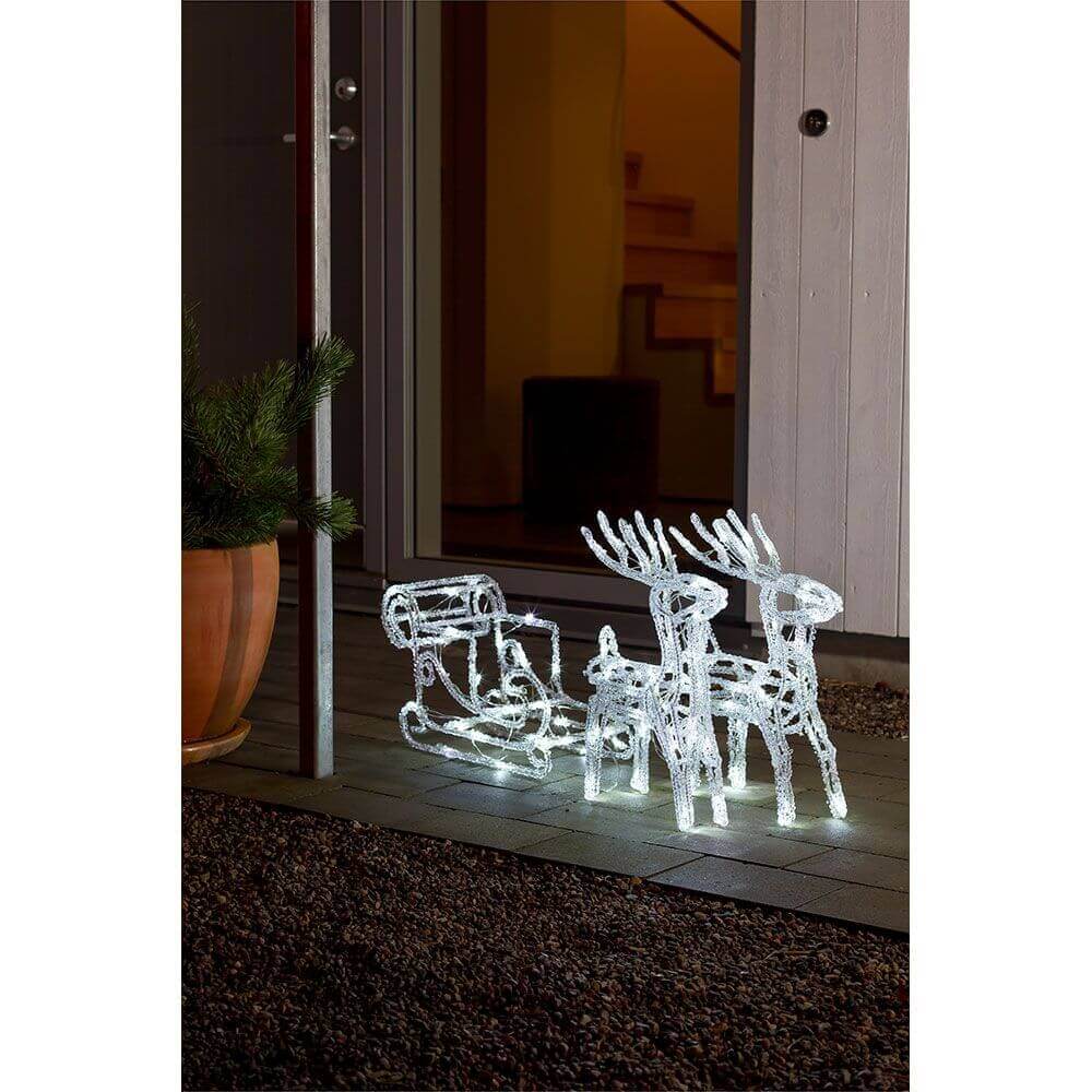 LED Acryl-Set Schlitten mit 2 Rentieren 96 Kaltweiße Dioden 24V