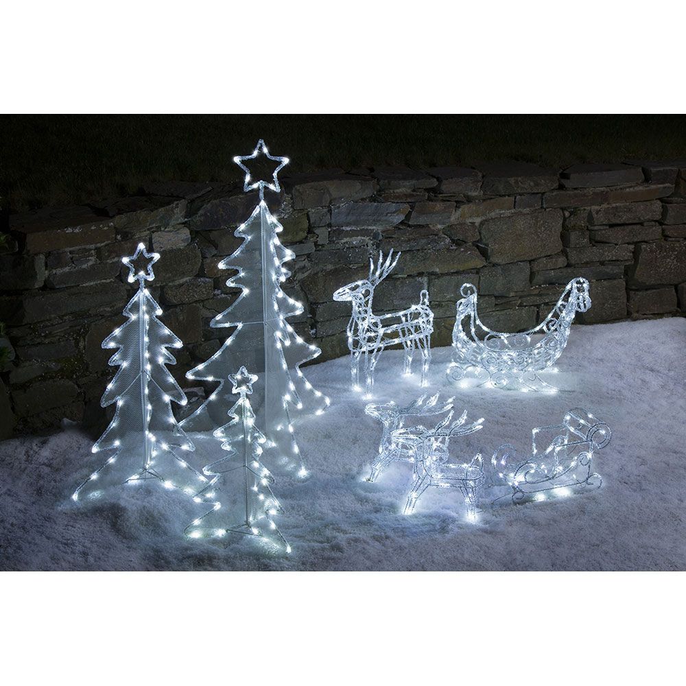 LED Acryl-Set mit Schlitten und 2 Rentieren, beleuchtet mit 96 kaltweißen Dioden, Weihnachtsdekoration für den Garten.