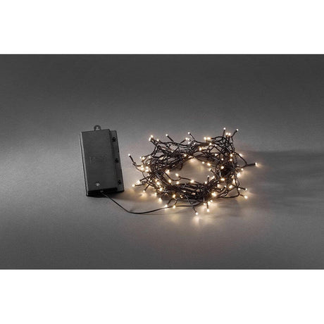 LED string of lights light sensor timer 240 warm white diodes battery-operated IP44 on a black background.