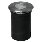 Projetor de encastrar no solo redondo Level em aço inoxidável IP67 com aro circular em aço inoxidável e vidro temperado.