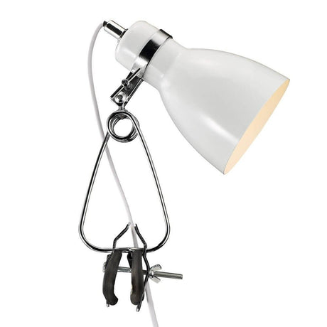 Cyclone Clamp Light White - elegant and minimalist clamp light with industrial design and optimal illumination.