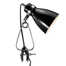 Cyclone clip-on lamp black in an elegant shape with an industrial look mounted.