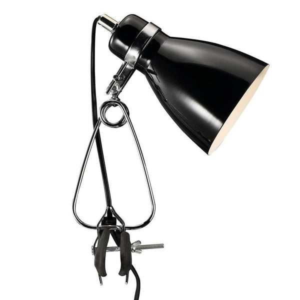 Cyclone clip-on lamp black in an elegant shape with an industrial look mounted.